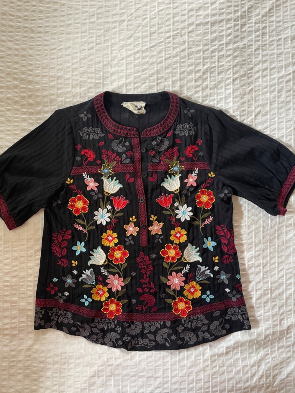 Savanna Jane Black Embroidered Floral Short-Sleeve Blouse
